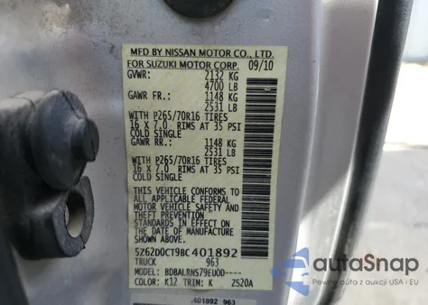 2011 Suzuki Equator Base from USA, damaged, VIN 5Z62D0CT9BC401892